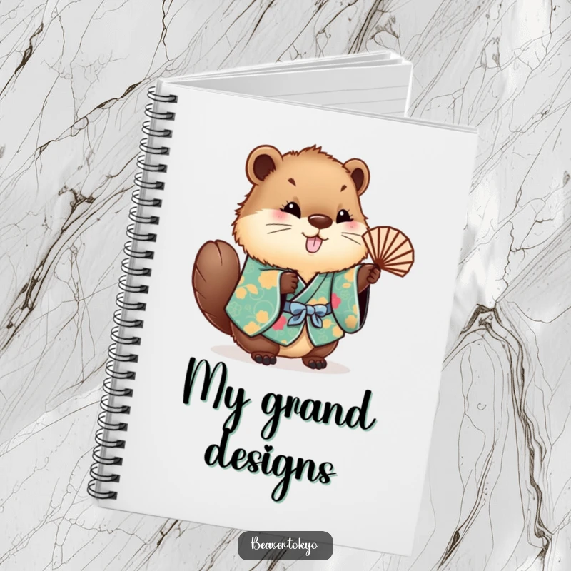 Funny fluffy beaver in a kimono, waving a fan, lined notebook for writing, cute animal graphic, humorous stationery gift.
