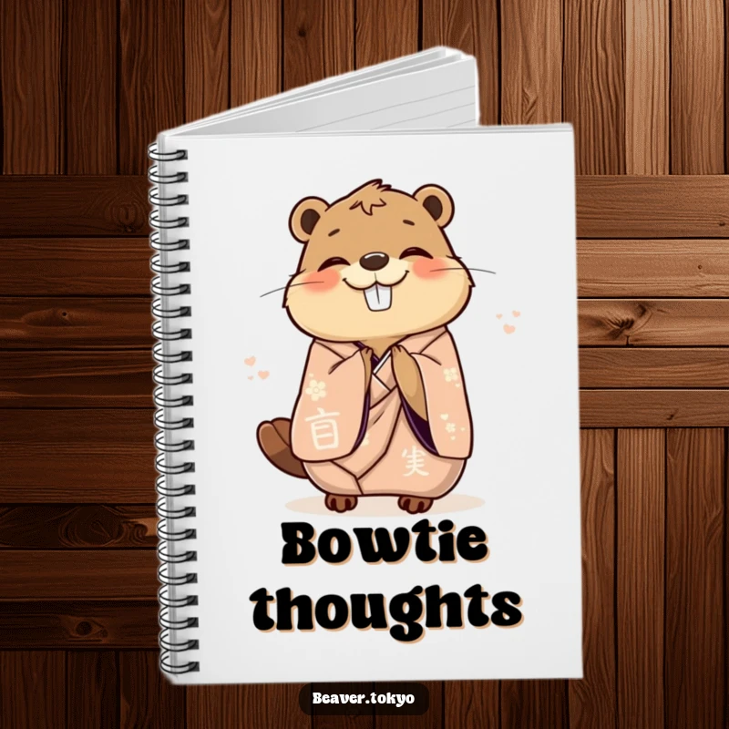 Funny delighted beaver in an elegant kimono gracefully bowing with joy, elegant journal, writing pad, sophisticated animal stationery, funny gift.