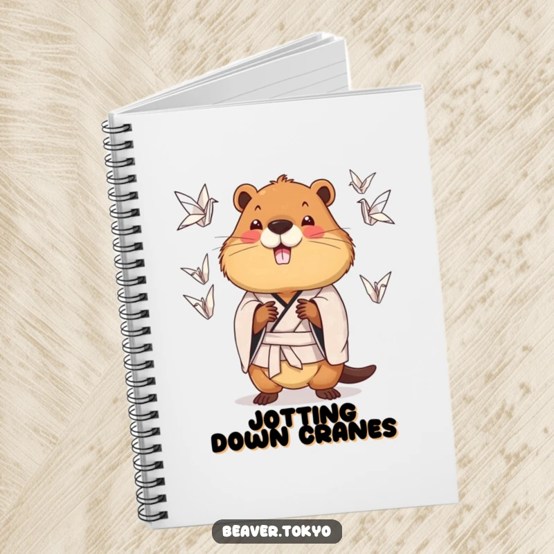 Funny chubby beaver wearing a patterned kimono juggling origami cranes, creative journal, writing pad, quirky animal stationery, funny gift.