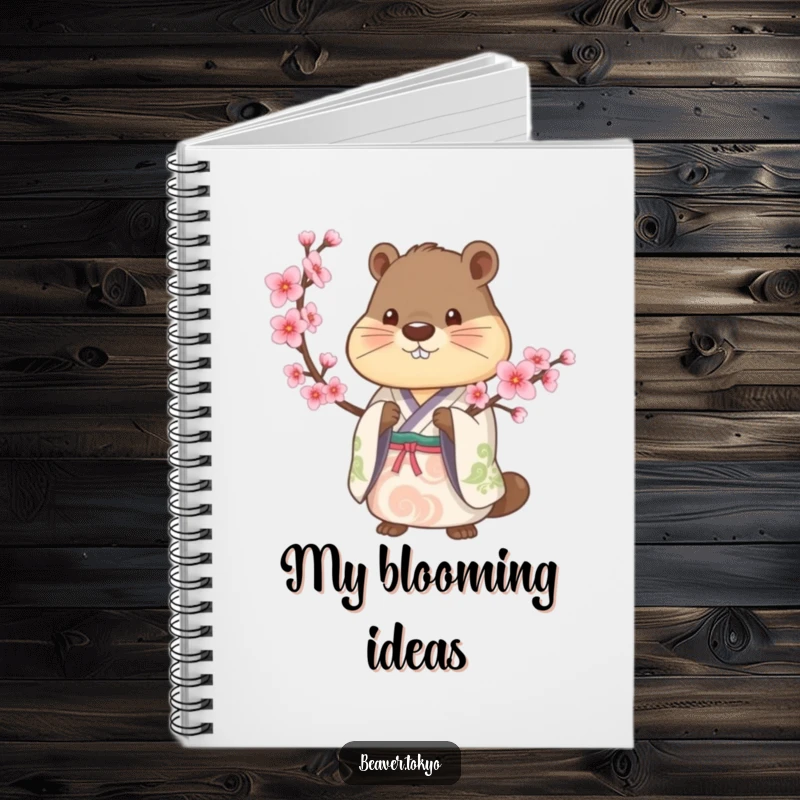 Beaver in a traditional kimono holds a cherry blossom branch, artistic notebook, lined pages for writing, nature-themed stationery, gift.