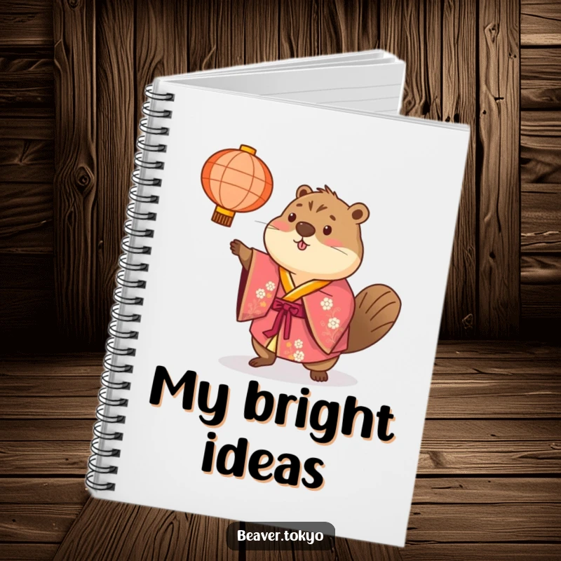 Beaver in a brightly colored kimono playfully tosses a paper lantern, lined notebook for writing, festive and humorous design, gift.