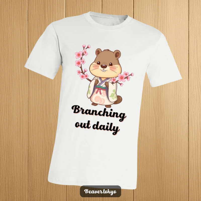 Beaver wearing a traditional kimono holds a cherry blossom branch, artistic t-shirt, spring theme, Japanese-inspired graphic, funny gift.