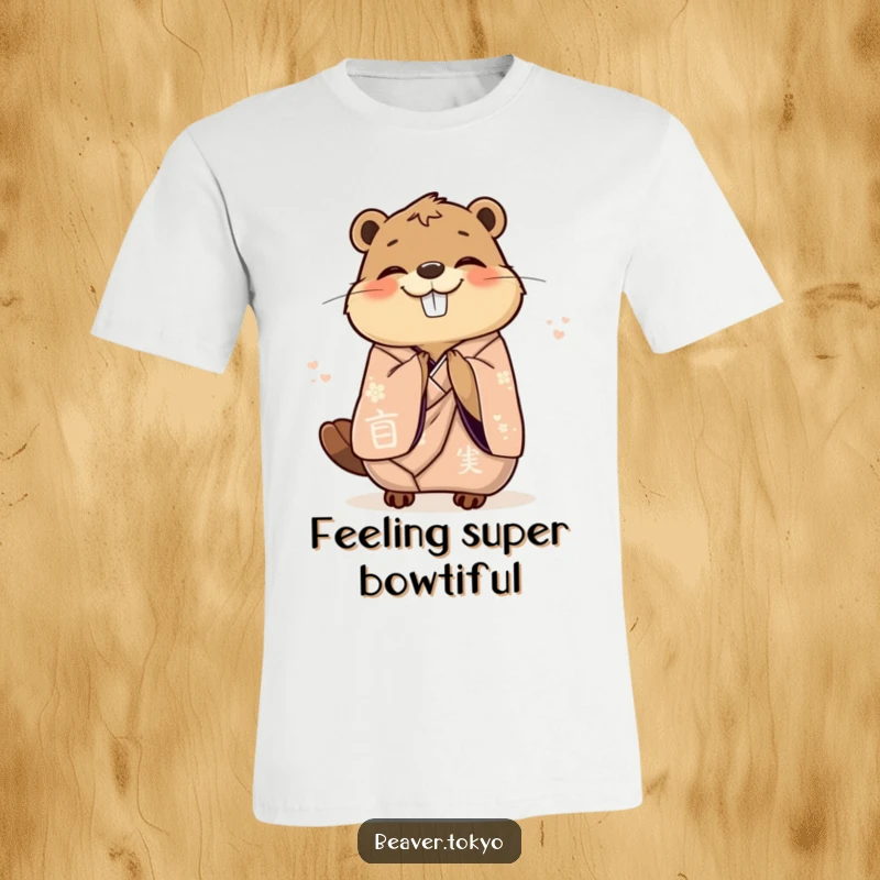 Funny delighted beaver in an elegant kimono gracefully bowing with joy, stylish t-shirt, graceful animal graphic, funny gift.