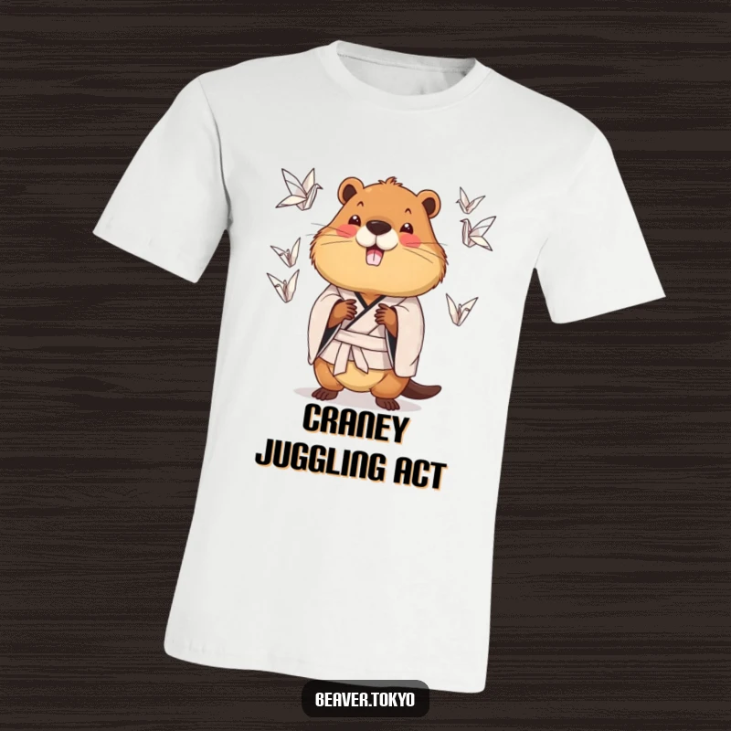 Funny chubby beaver wearing a patterned kimono juggling origami cranes, quirky t-shirt, juggling animal graphic, funny gift.
