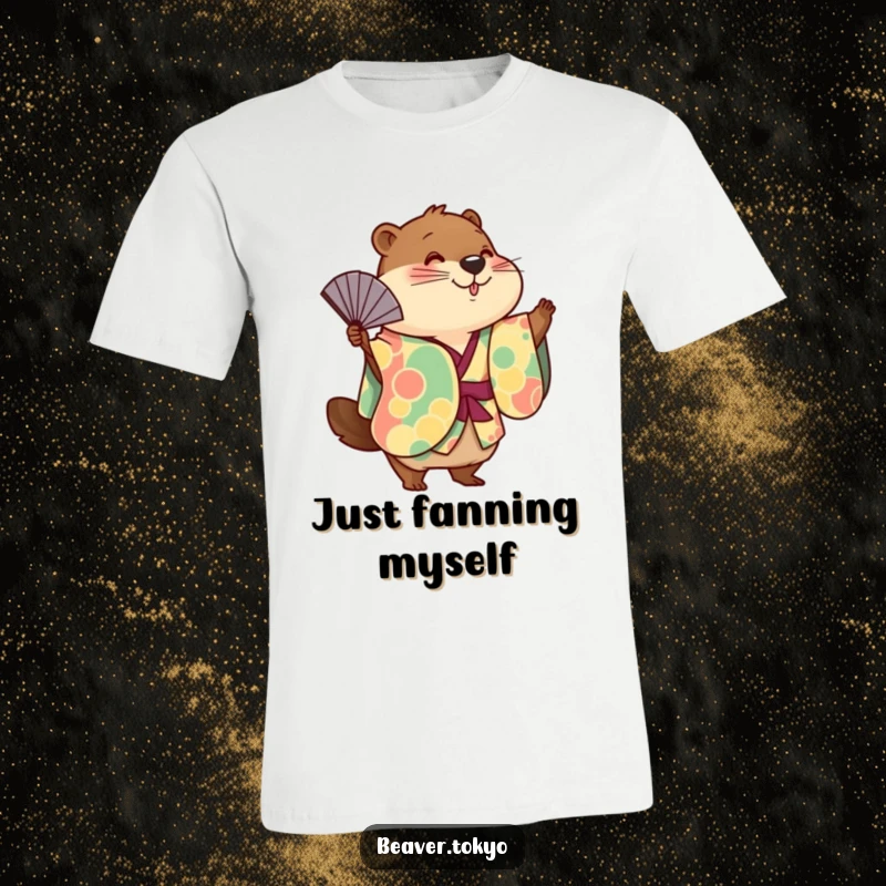 Funny cute beaver in a colorful kimono playfully dancing with a fan, whimsical apparel, adorable animal graphic tee, funny gift.