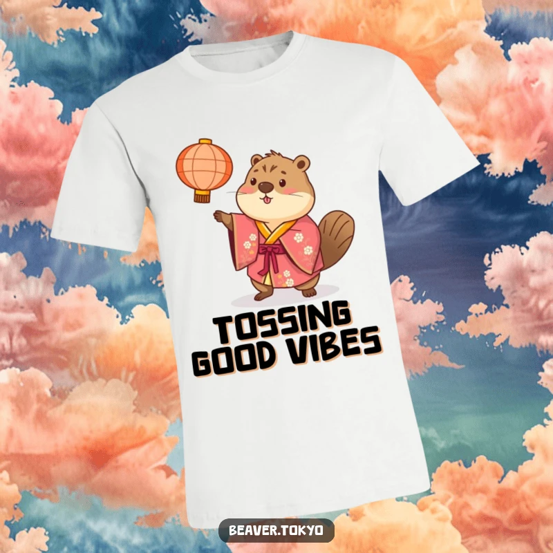 Beaver wearing a brightly colored kimono playfully tosses a paper lantern, funny t-shirt, vibrant festival graphic, cheerful animal.
