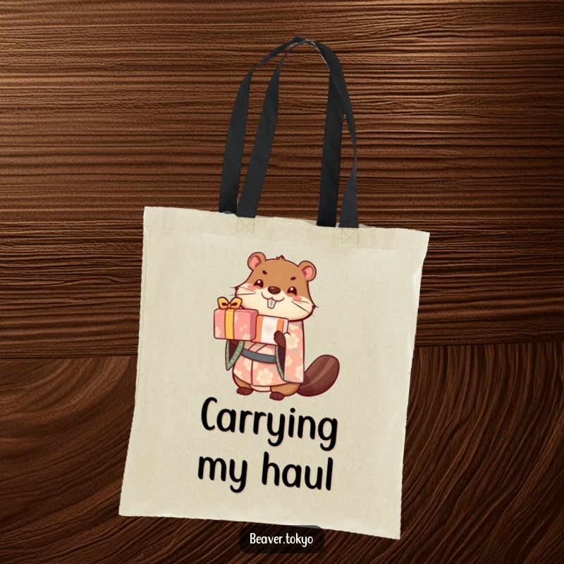 Cute beaver in a patterned kimono balances a stack of wrapped gifts, durable tote bag, humorous and charming illustration, gift.