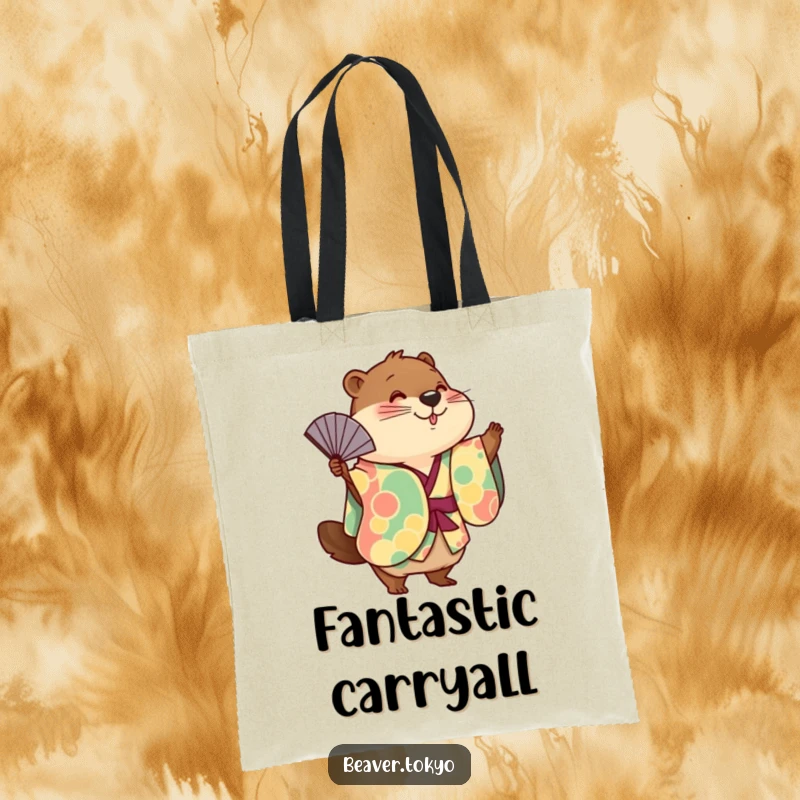 Funny cute beaver wearing a colorful kimono playfully waving a fan, reusable tote bag, charming animal graphic, funny gift accessory.