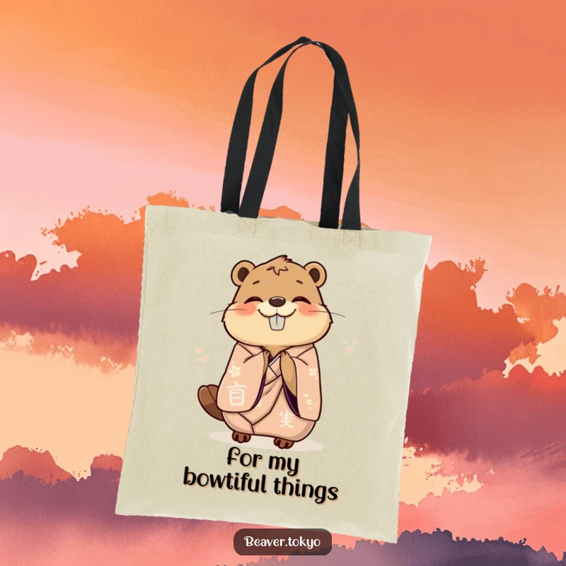 Funny delighted beaver in an elegant kimono gracefully bowing with joy, chic tote bag, polite animal graphic, funny gift accessory.