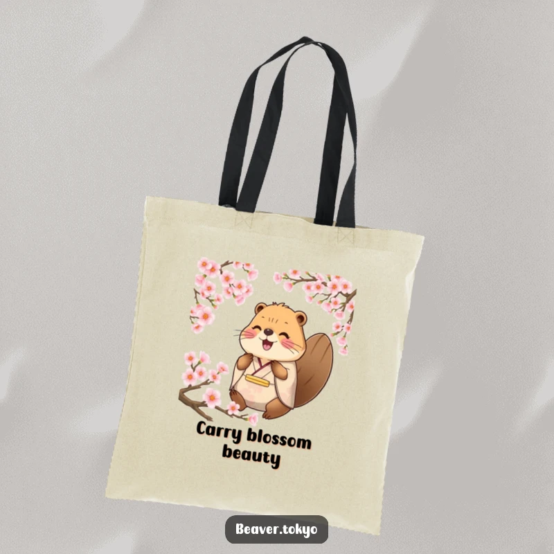 Funny happy beaver in traditional kimono surrounded by cherry blossom petals, serene tote bag, nature-themed animal graphic, funny gift accessory.