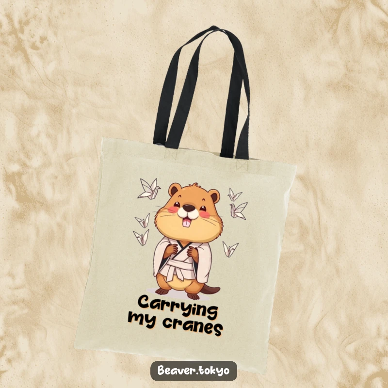 Funny chubby beaver wearing a patterned kimono juggling origami cranes, quirky tote bag, juggling animal graphic, funny gift accessory.